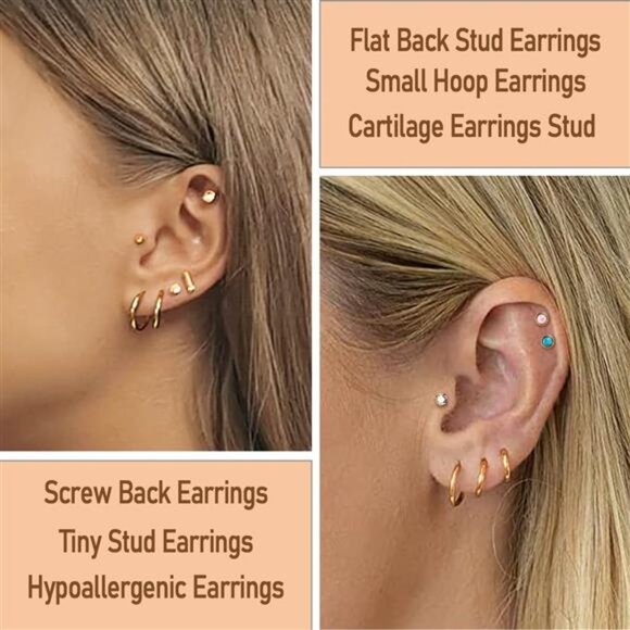 21Pairs Surgical Steel Flat Back Earrings Hypoallergenic 20G ScrewBack Nap Stack - Picture 4 of 7